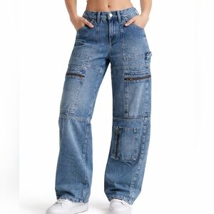 Unbranded Women's Jeans Size 24 Blue Cotton Denim Cargo Pants Wide Leg Y2K